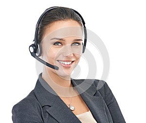 Businesswoman, headset and customer service in studio portrait, operator and crm on white background. Female person