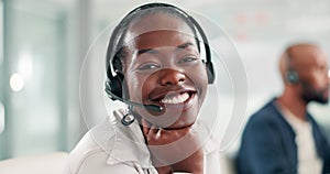 Businesswoman, headset and face for customer service, helpdesk and operator in office. Black female person, call centre