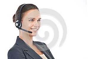 Businesswoman, headset and operator in studio, customer service and crm on white background. Female person, call centre