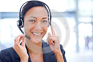 Businesswoman, headset and virtual assistant in portrait, customer service and crm in office. Female person, call centre