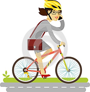 Businesswoman in helmet riding a bike isolated on