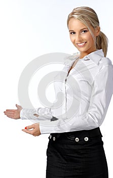 Businesswoman with her arm out