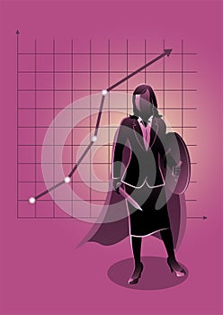 Businesswoman hero holding a sword and shield vector illustration
