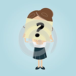 Businesswoman hiding her face behind a question mark note