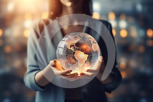 Businesswoman hold global business globe with network connected to digital marketing strategy and creative solution
