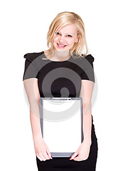 Businesswoman hold white blank paper