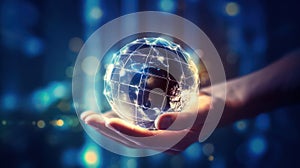 Businesswoman holding the abstract circuit in crystal ball with blurred bokeh background. AI generated