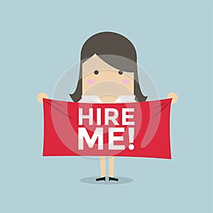 Businesswoman holding a banner for hiring.