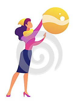 Businesswoman holding big Christmas tree ball vector illustration.