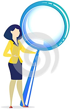 Businesswoman holding big magnifier glass. Search for solution, idea of new project concept