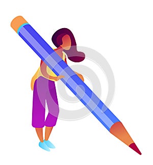 Businesswoman holding big pencil and writing isometric 3D illustration.