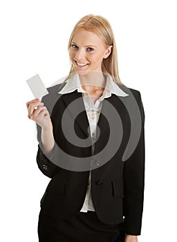 Businesswoman holding blank card