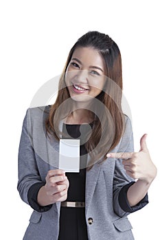 Businesswoman Holding Blank Credit Card on White