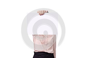 Businesswoman holding blank white placard board paper sign with empty copy space isolated on white background with clipping path
