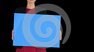 Businesswoman holding blank whiteboard sign, Alpha Channel