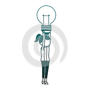 Businesswoman holding bulb blue lines