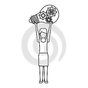 Businesswoman holding bulb with gears black and white