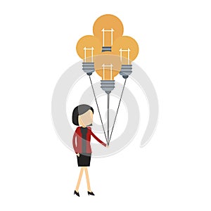 Businesswoman holding bulb light balloons