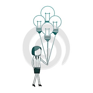 Businesswoman holding bulb light balloons blue lines