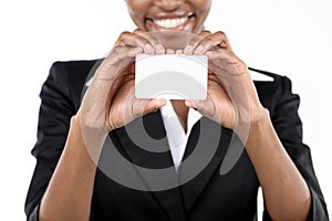 Businesswoman holding business card