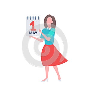 Businesswoman holding calendar 1 may date happy labor day concept female manager cartoon character full length flat