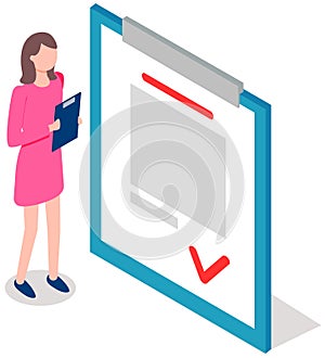 Businesswoman holding clipboard with blank white paper. Woman studies information and business data