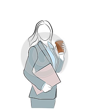 Businesswoman holding coffee. coffee break. cheerfulness before work. vector illustration.