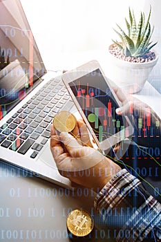 Businesswoman holding coins putting in glass with using smartphone and calculator to calculate concept saving money for finance