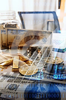 businesswoman holding coins putting in glass with using smartphone and calculator to calculate concept saving money for finance