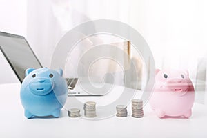 Businesswoman holding coins putting in glass with using smartphone and calculator to calculate concept saving money for finance ac