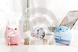 Businesswoman holding coins putting in glass with using smartphone and calculator to calculate concept saving money for finance ac