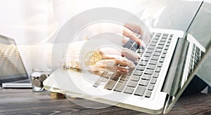 Businesswoman holding coins putting in glass with using smartphone and calculator to calculate concept saving money for finance ac