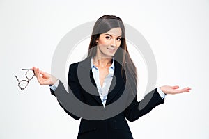Businesswoman holding copyspace on the palm