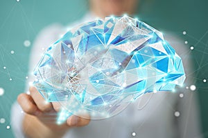 Businesswoman holding digital x-ray human brain in her hand 3D r