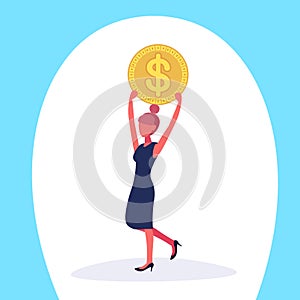 Businesswoman holding dollar coin growth wealth concept woman cartoon character full length flat