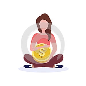 Businesswoman holding dollar coin money wealth growth concept business woman lotus pose cash payment female cartoon