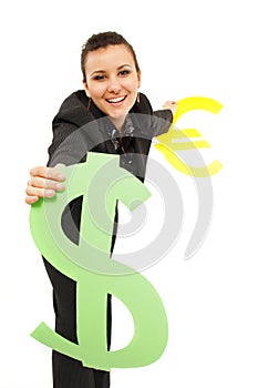 Businesswoman holding dollar and euro symbols photo