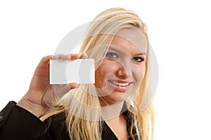 Businesswoman is holding empty card