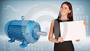 Businesswoman holding empty paper. Big blue motor