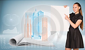 Businesswoman holding empty paper. Wire-frame