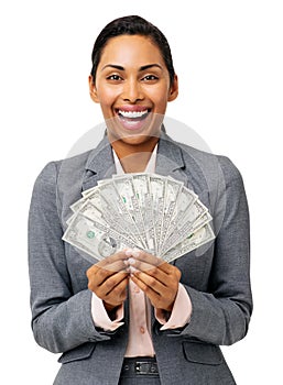 Businesswoman Holding Fanned Out Fifty Dollar Notes