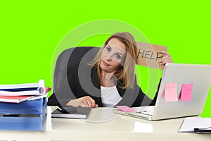Businesswoman holding help sign working desparate in stress isolated green chroma key