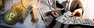 Businesswoman holding a lightbulb while taking note on notebook with coins stack on table, saving energy and money concept