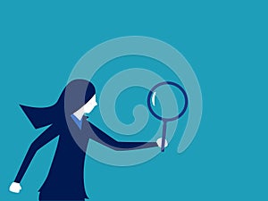 Businesswoman holding a magnifying glass. Business analytics or information retrieval. concept of finance and investment