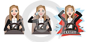 Businesswoman holding mobile phone while driving car. crash