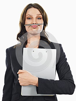 Businesswoman Holding Pen Under Her Nose