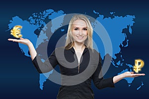 Businesswoman holding ruble and euro symbols or signs.