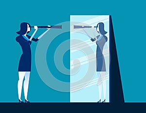 Businesswoman holding telescope and reflecting in mirror. Concept business vector illustration.