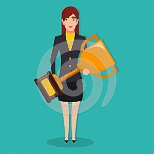 Businesswoman holding the trophy for successful concept vector illustration
