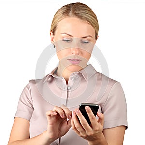 Businesswoman holding and using the mobile smart phone on a